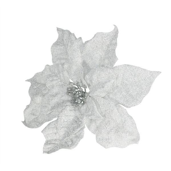Xmas Frosted Poinsettia Pick White Silver