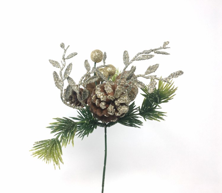 Xmas Pick Gold w/ Glitter Pine Cones 7" (x12)
