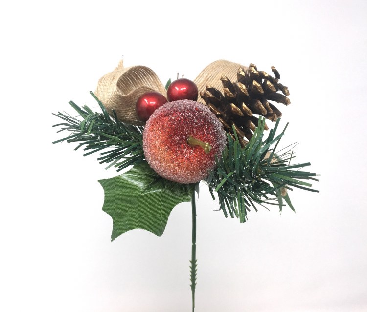 Xmas Pick with Apple/Pine Cone/Berries/Hessian x12
