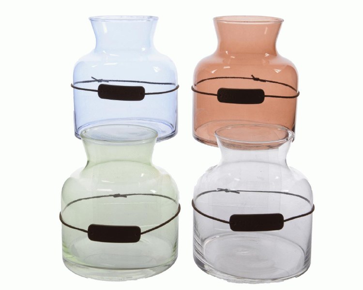 Glass Vase w Leather Label Assorted (12x13cm)