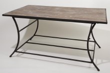 iron table w wooden surface