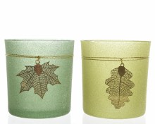 Glass tealightholder with leaf hanger (2 assorted)
