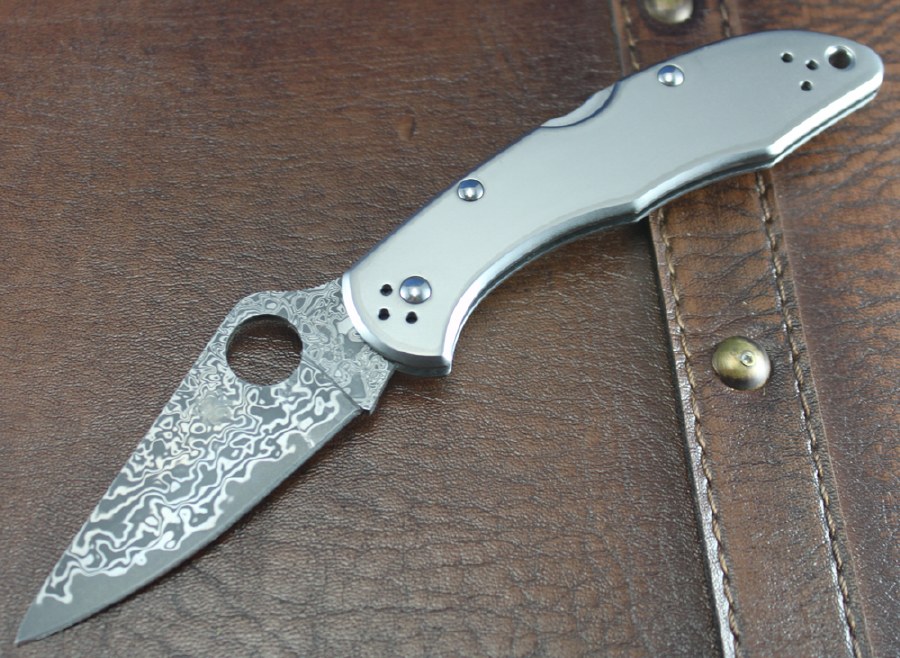 Spyderco Delica 4 Titanium Handle Damascus Blade - New Graham Knives