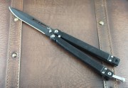 Bear Butterfly Knife - Black 1095 Carbon Blade - Textured Black G-10 Handle - Pocket Clip - B200B4B