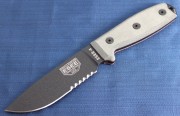ESEE 4S-MB Fixed Blade - Black 1095 High Carbon Partially Serrated Drop Point Blade - Micarta Handle Scales - Coyote Tan Sheath w/MOLLE Back