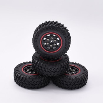 1.0'' Pre-mounted Wheel &amp; Tire Set (4) Black Plastic Wheel with Red Stripe