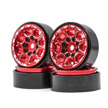 1.0&quot; CNC Beadlock Wheels, TRX-4M 1/18 Car Brass Ring, Aluminum Front &amp; Rear Covers (Black/Red) (4)