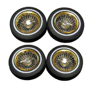 Whitewall Low Pro Tires and Wheels w/ Knock Offs &amp; Wheel Nuts, Gold (Not Glued) (1Set)