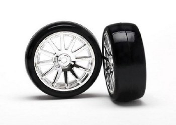 LaTrax Tires &amp; wheels, assembled, glued (12-spoke chrome wheels, slick tires) (2)