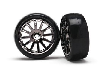 LaTrax Tires &amp; wheels, assembled, glued (12-spoke black chrome wheels, slick tires) (2)