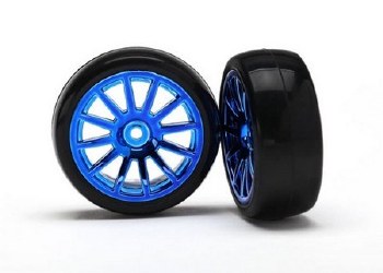 LaTrax Tires &amp; wheels, assembled, glued (12-spoke blue chrome wheels, slick tires) (2)