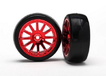 LaTrax Tires &amp; wheels, assembled, glued (12-spoke red chrome wheels, slick tires) (2)