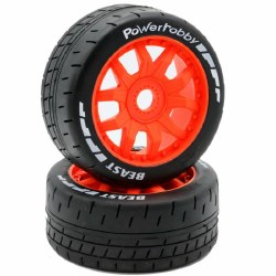 1/8 GT Beast Belted Mounted Tires, Soft Compound, 17mm Orange Wheels