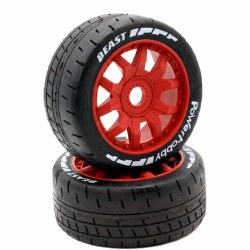 1/8 GT Beast Belted Mounted Tires, Soft Compound, 17mm Red Wheels