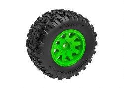 Tires & wheels, assembled (green wheels, dual profile (2.1" outer, 2.6" inner), Sledgehammer tires,