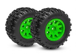 Tires & wheels, assembled (green wheels, dual profile (2.1" outer, 2.6" inner), Sledgehammer tires,