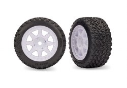 "Traxxas Tires & wheels, assembled, glued (white wheels, dual profile (2.0"" outer, 2.6"" inner), ra