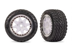 "Traxxas Tires & wheels, assembled, glued (white, chrome beadlock wheels, dual profile (2.0"" outer,