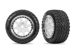 "Traxxas Tires & wheels, assembled, glued (white, chrome beadlock wheels, dual profile (2.0"" outer,