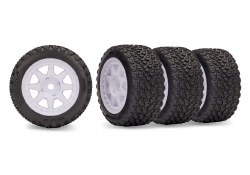 "Traxxas Tires & wheels, assembled, glued (white wheels, dual profile (2.0"" outer, 2.6"" inner), ra