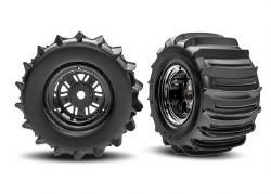 Traxxas Tires & wheels, assembled, glued (Pro Scale Sand Car Race black chrome wheels, belted paddle