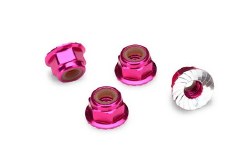 Nuts, 4mm aluminum, flanged, serrated (pink-anodized) (4)