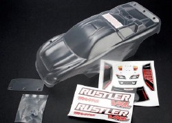 Traxxas - Body, Rustler (clear, requires painting)/window, lights decal sheet/ wing and aluminum har