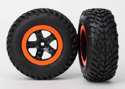 Traxxas Tire & wheel assy, glued (SCT black, orange beadlock wheels, SCT off-road racing tires, foam
