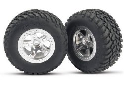 Traxxas Tire & Wheels, Assembled, Glued. (SCT Split-Spoke, Satin Chrome, Black Beadlock Wheels, BF G
