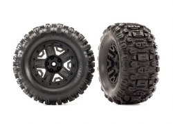 Traxxas Tires & wheels, assembled, glued (2.8") (Rustler 4X4 black wheels, Sledgehammer tires, foam