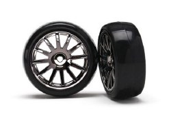 LaTrax Tires & wheels, assembled, glued (12-spoke black chrome wheels, slick tires) (2)