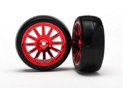 LaTrax Tires & wheels, assembled, glued (12-spoke red chrome wheels, slick tires) (2)