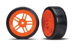 Tires and wheels, assembled, glued (split-spoke orange wheels, 1.9" Drift tires) (front)