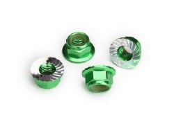 Nuts, 5mm flanged nylon locking (aluminum, green-anodized, serrated) (4)