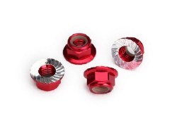 Nuts, 5mm flanged nylon locking (aluminum, red-anodized, serrated) (4)