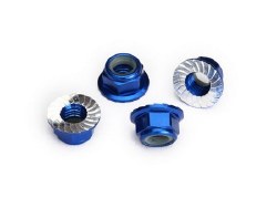 Nuts, 5mm flanged nylon locking (aluminum, blue-anodized, serrated) (4)