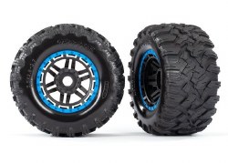 Traxxas Tires & wheels, assembled, glued (black, blue beadlock style wheels, Maxx MT tires, foam ins