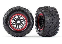 Traxxas Tires & wheels, assembled, glued (black, red beadlock style wheels, Maxx MT tires, foam inse