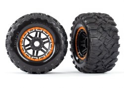 Traxxas Tires & wheels, assembled, glued (black, orange beadlock style wheels, Maxx MT tires, foam i