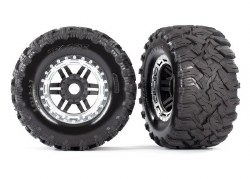 Traxxas Tires & wheels, assembled, glued (black, satin chrome beadlock style wheels, Maxx MT tires,