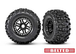 Traxxas Tires & wheels, assembled, glued (black wheels, belted Sledgehammer?? All-Terrain tires, dua