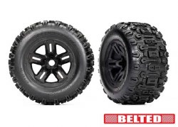 Traxxas Tires & wheels, assembled, glued (3.8" black wheels, belted Sledgehammer?? tires, foam inser