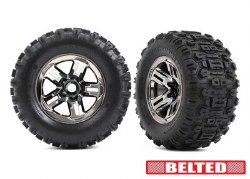 Traxxas Tires & wheels, assembled, glued (3.8" black chrome wheels, belted Sledgehammer?? tires, foa