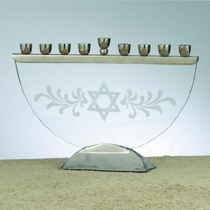 ETCHED GLASS MENORAH, W/NICKEL