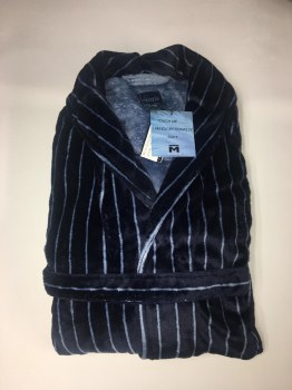 Majestic Ultra Soft Fleece Robe - Black , Blue Pin Stripe