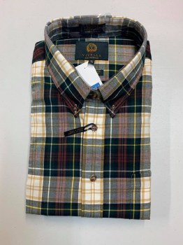 Viyella Wool Blend Plaid Long Sleeve Sport Shirt. 3 Colors,Cream, Denim,Burgundy