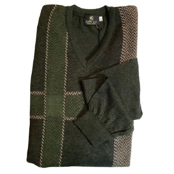 2205 V-Neck Pull Over Sweater. 2 Colours Green-Tan, Red-Black
