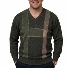 2205 V-Neck Pull Over Sweater. 2 Colours Green-Tan, Red-Black