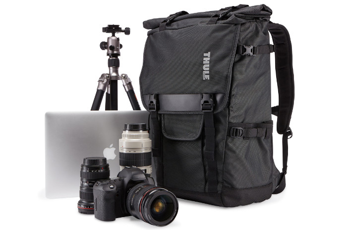 Thule Covert DSLR Rolltop Camera Backpack with camera, MacBook, and tripod