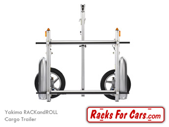 Yakima RACKandROLL Cargo Trailer for carrying bikes, kayaks, canoes, and cargo boxes towed behind a vehicle folded up for storage in a garage